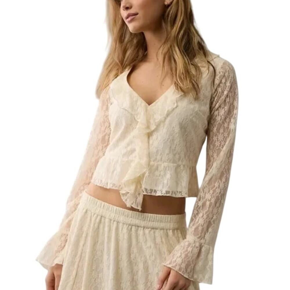 American Eagle Lace Ruffle Bell Sleeve Blouse Cream Fairycore Boho Top NWT S